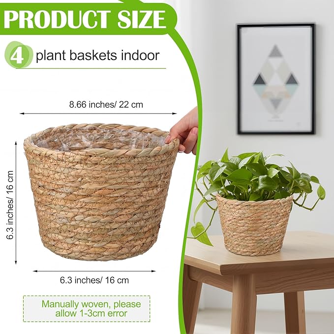 4 Pcs Straw Plant Baskets Indoor Rattan Woven Flower Baskets with Plastic Liner, Cattail Plant Planter for Indoor Outdoor Rustic Boho Home Farmhouse Floor Potted Pots Decor