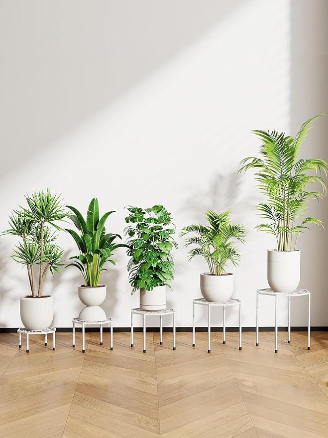 5-Pack Metal Plant Stands for Outdoor Indoor, Anti-Rust Iron Flower Pot Stand, Heavy Duty Plant Pot Shelf for Multiple Plant, Decoration Racks for Home, Patio & Garden (White)