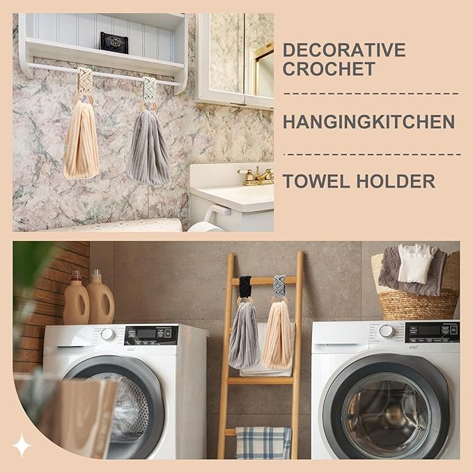 Tioncy 4 Pcs Kitchen Dish Towel Holder Mother's Day Gifts Boho Handmade Crochet Hanging Towels Loop Ring Knit Towel Hanger for Cabinet House Oven Stove Door, 4 Colors(Gray)
