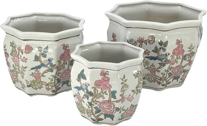 Galt International Multi Color Peony Round Fluted Floral Porcelain Ceramic Plant Flower Planter Pot Set of 3 (7.5", 10", 13") Garden Pots Chinese Asian Design Pink Blue Green