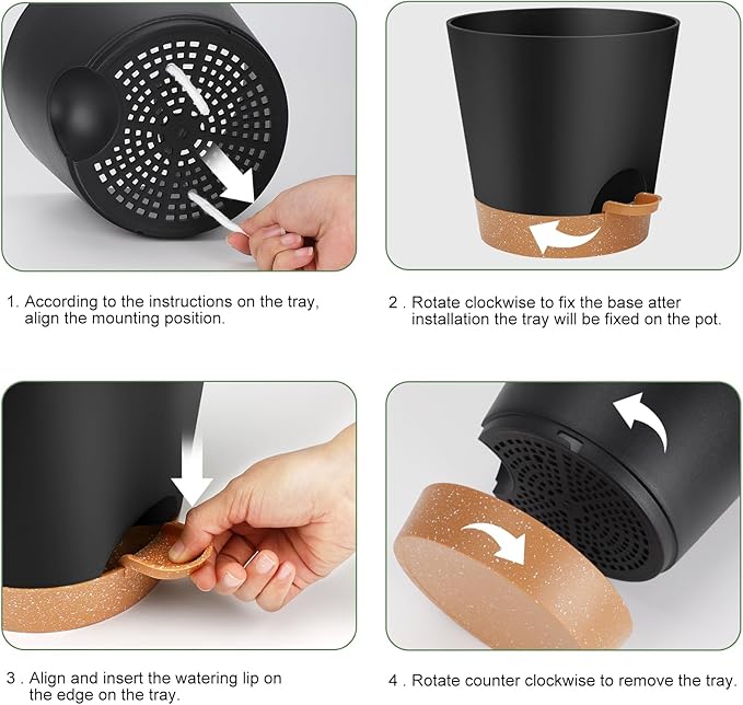 YNNICO 8-Inch Plant Pots, Self-Watering Planters with Drainage Holes & Saucers for Indoor and Outdoor Plants (2-Pack,Black)