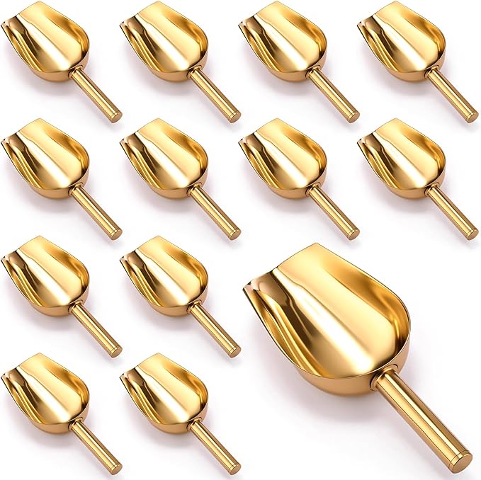 Roshtia 12 Pcs Gold Ice Scoops Stainless Steel Mini Scoop Candy Scoops for Kitchen Dispenser Buffet Jars, Scooping Coffee Bean, Sugar, Flour, Spice (8 oz)