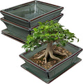 Large Ceramic Bonsai Pots with Drainage Trays Set of 2, 10" Green Glazed Bonsai Planters for Indoor/Outdoor Use, Rectangular Shallow Bonzai Tree Pot for Succulent, Orchids, Cacti, Home, Patio, Garden,