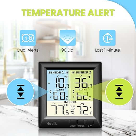 Wireless Freezer Thermometer with Alarm Refrigerator Thermometer, Fridge Freezer Alarm Thermometer Digital with 3 Adjustable Backlight and 330FT Remote Range for Kitchen Home Restaurant (Black)