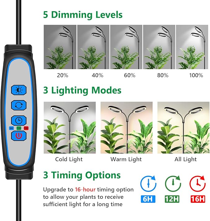 Aumtrly Large Plant Light for Indoor Plants, 2 Head Full Spectrum Grow Light with 68" Adjustable Stand for Growing Large Tall Plants, Black Halo Floor LED Grow Lamp with 16 Hour Timer