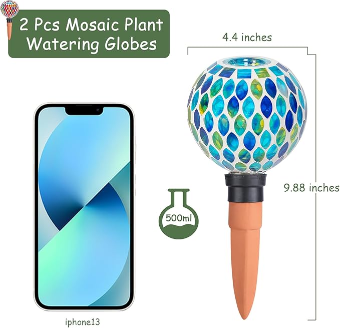 Plant Watering Globes Mosaic Self Watering Planter Insert 2 Pack Large Terracotta Watering Spikes Automatic Waterer Device Outdoor Indoor Flower Pots Decorations