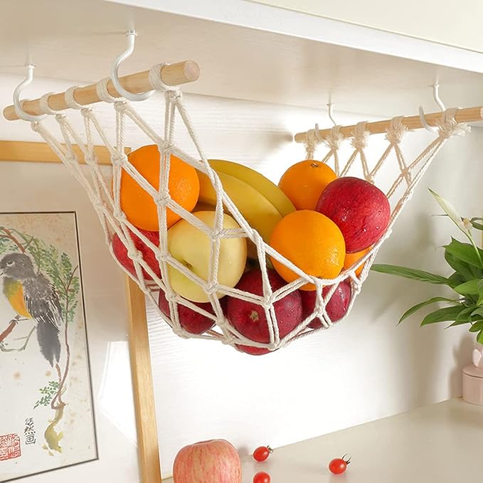 Hanging Fruit Hammock with Hooks, Hanging Fruit Basket Under the Kitchen Cabinet for Storing Banana Fruits, Hand-Woven Hanging Basket, Valentine's Gifts for Kitchen Décor, Rectangle