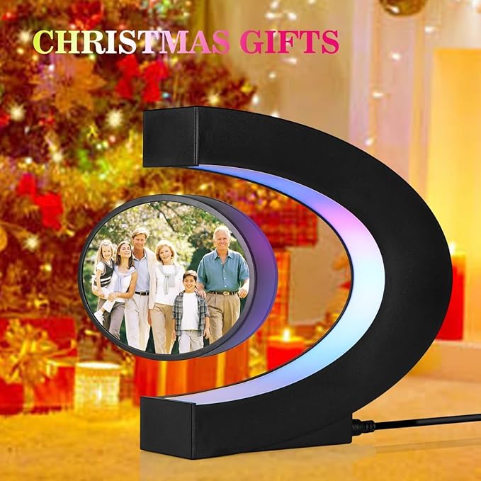 Magnetic Levitating Floating Photo Frame with Colourful LED Light Rotating Levitation Picture Frame Display for Room Decor, Creative Gifts (C-Shaped)