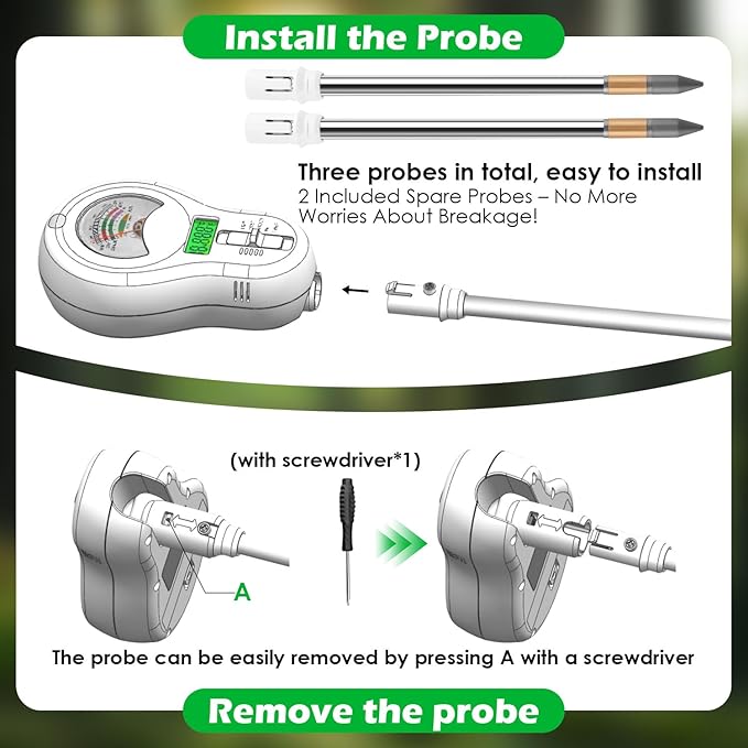 6-in-1 Soil Test Kit with 3 Replaceable Probes, Soil Tester for Gardening, Plant Water Meter, Soil pH Tester for Soil Fertilizer, Sunlight & LCD Display Air Temperature Humidity Sensor