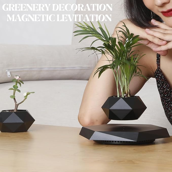 MOOCCI Levitating Plant Pot Floating Plant Potted Plant, Air Bonsai and Artificial Plants, Home Office Desk Decor, Gift for Easter, Mother's, Father's Day（Black