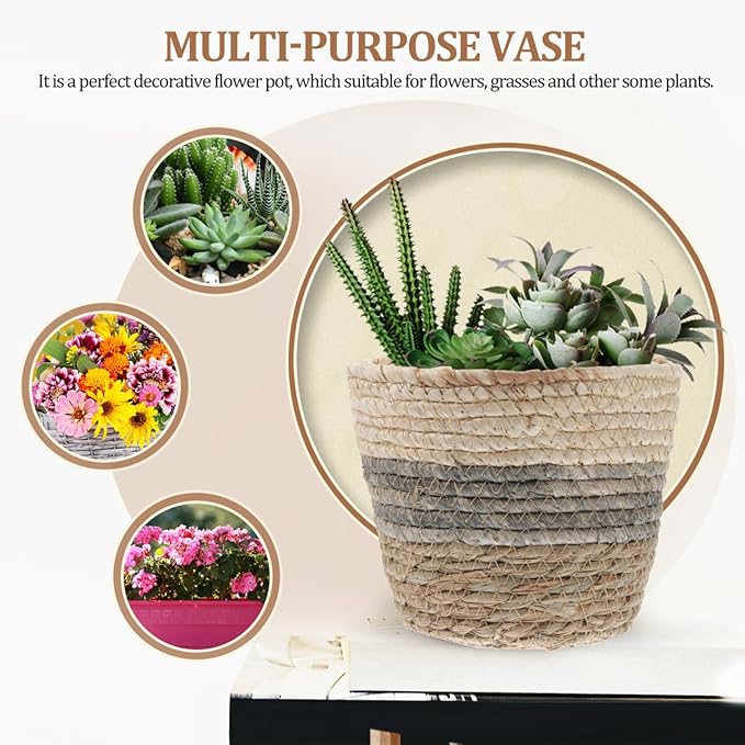 Healeved 2PCS Seagrass Plant Basket with Liner for Indoor Plants Rattan Pots 6inch Weaving Straw Planter Baskets Wicker Small Rustic Decorative Flower Pots for Desktop