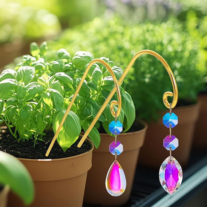 Potted Plant Trellis with Colorful Crystal Sun Catchers, 6.7 Inch Metal Plant Stakes, Fairy Stakes for Mini Potted Plant Decoration for Home Window Garden (8 Pack)