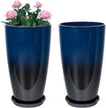 Neoaider Set of 2 Lightweight Ceramic-Look Tall Planter, 21 inch Large Plastic Planter with Drain Hole & Saucers, Large Outdoor Planters for Porch, Garden, Patio, Balcony(Dark Blue)