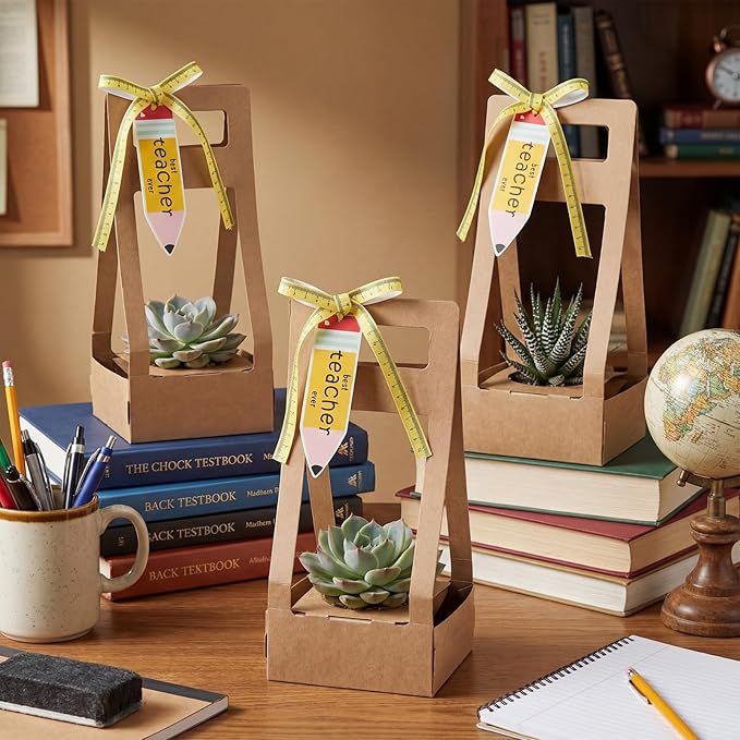 AmazingSpark 24 Pcs Teacher Appreciation Gift - Succulent Wrap Bags with Pencil Pattern Cards Bulk Kraft Paper Succulent Box for 2 Inch Pots for Teacher Graduation End of Year Gift