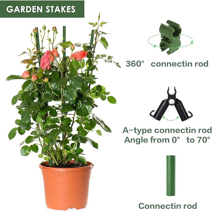 BOTINDO 72 Pcs Garden Stakes 30 Sets 16 Inch Steel Tomato Plant Stakes and Accessories, DIY 4ft 5ft 6ft 7ft Plant Stakes Sticks Supports for Outdoor, Gardening, Vegetables, Pepper, Fences (16 inch)