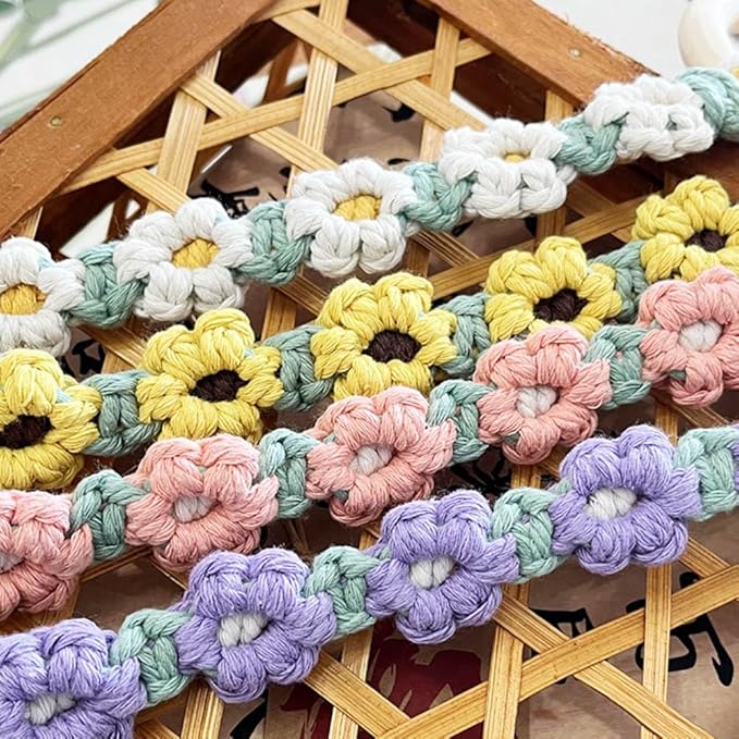 4 Pcs Daisy Flower Macrame Towel Holder Ring, Crochet Hanging Kitchen Dish Towel Holder, Handmade Kitchen Towel Hanger with Wood Hanging Loop for House Oven Stove Door