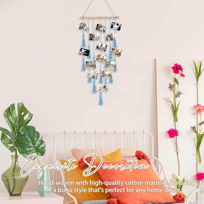 ANROYE Macrame Hanging Photo Display, Picture Holder with 30 Clips for Bedroom Wall, Polaroid Boho Gallery Hangers with LED Light String, Room Decor Gifts for 10 11 12 13 14 Year Old Teen Girl
