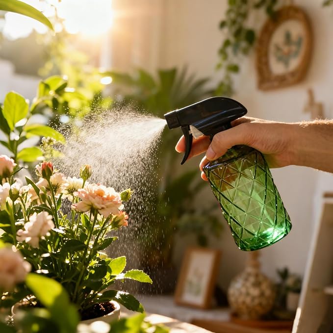 YYTSGG Green Glass Plant Mister Bottle, 12oz Refillable Water Spray Bottle with Adjustable Mist Nozzle for Indoor Flowers, Outdoor Gardening, Cleaning, Hair and Pets Care