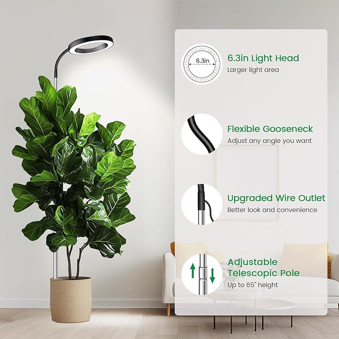 Garpsen Grow Lights for Indoor Plants, Full Spectrum 65'' Plant Light with Gooseneck, 3 Colors Modes and 5 Dimmable Levels, 6/12/16H Timer, 80 LED Height Adjustable Grow Lamp for Plants(Soil Insert)