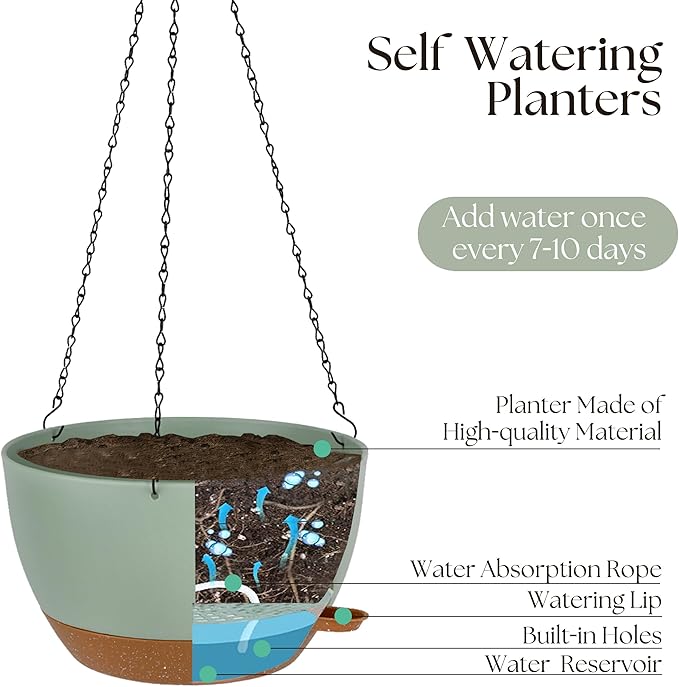 TYMENSH Hanging Plant Pots 12 inch Set of 2, Self Watering Hanging Planters with Drainage Holes, Indoor Outdoor Plastic Flower Pots with Hanging Chains for Balcony, Porch, Garden, Home Décor, Green