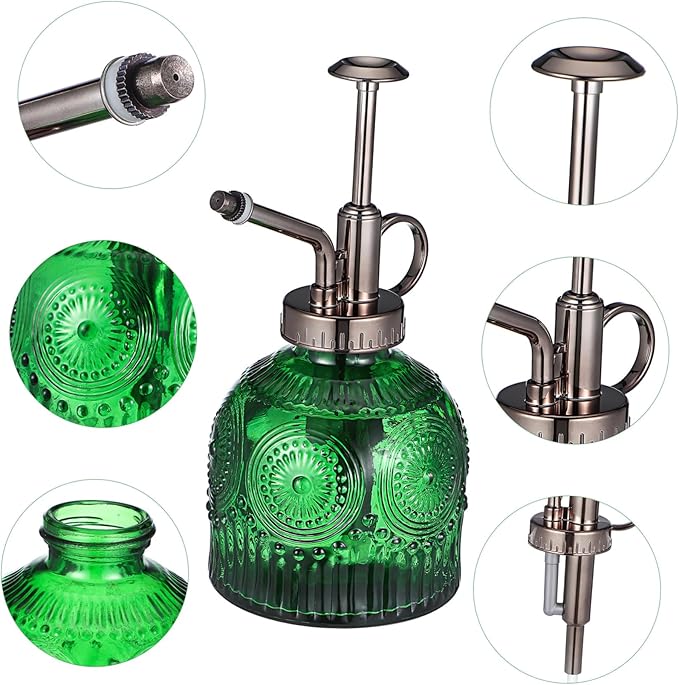 Baluue Embossed Glass Plant Mister Spray Bottle with Thick Non Slip Glass for Indoor Watering and Cleaning Elegant Green and Antique Design Water Sprayer