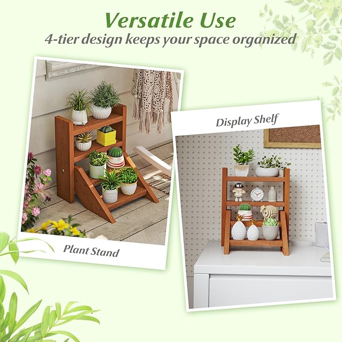 Giantex Plant Stand for Desk, 4-Tier Small Tabletop Ladder Shelf for Succulents, Indoor Window Sill Flower Rack, Wooden Desktop Plant Holder for Home, Kitchen, Office, Countertop Display Organizer
