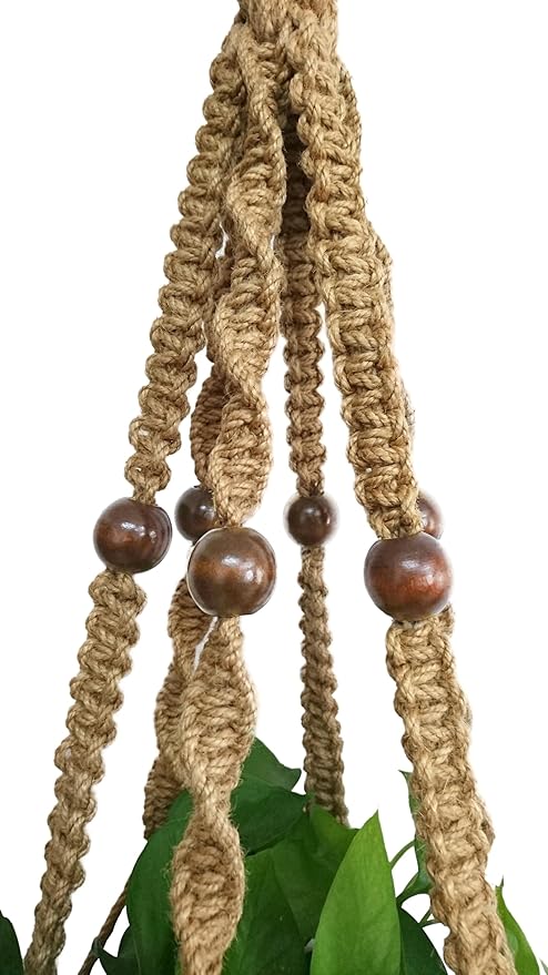1 PCS 6 Legs Macrame Plant Hanger Jute Double Tiers Plant Hanger & Plant Holder with 6 pcs Round Brown Wood Bead, Hanging Planter 65-inches for 8 inch and 10 Inch Plant Pot (Without Pot)