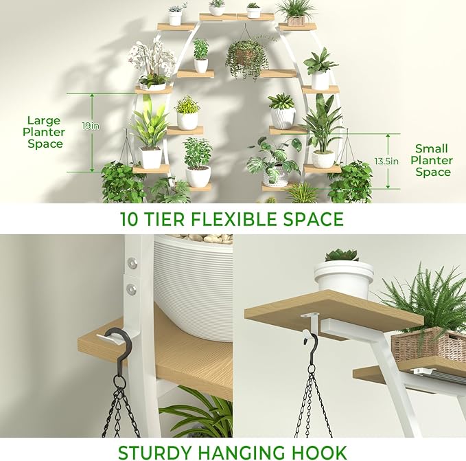 Plant Stand Shelf Indoor with 8 Grow Light, 10 Tiered 65" Tall White Large Half Moon Lighted Plant Rack Holder, 2 Pack Big High Circular Arch Multi Herb Stand with Built in LED Grow Light Set