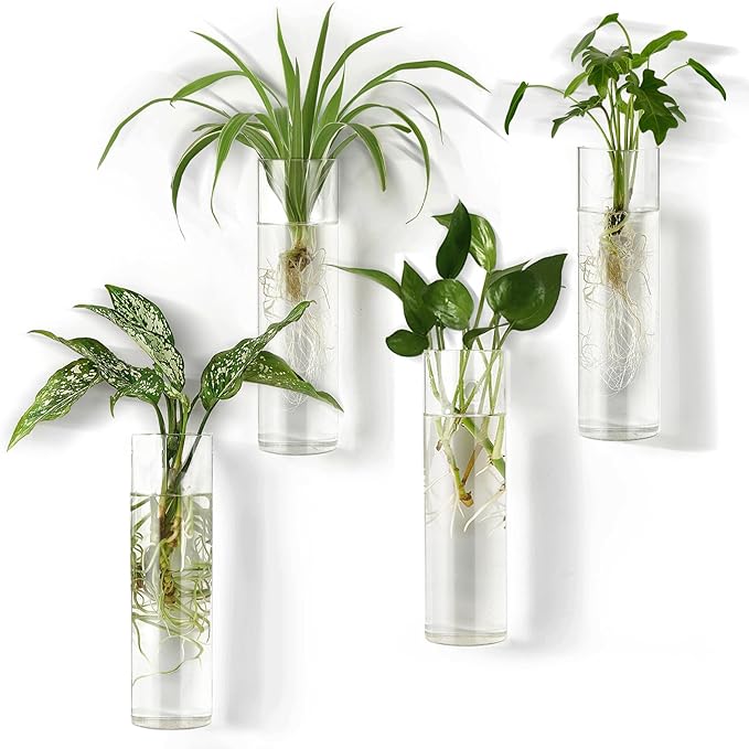 Mkono Propagation Station Wall Planter Hanging Glass Tubes Flower Vase for Hydroponics Plants, Bathroom, Home Office Living Room Decor Gift, Cylinder Set of 4(Plants not Included)
