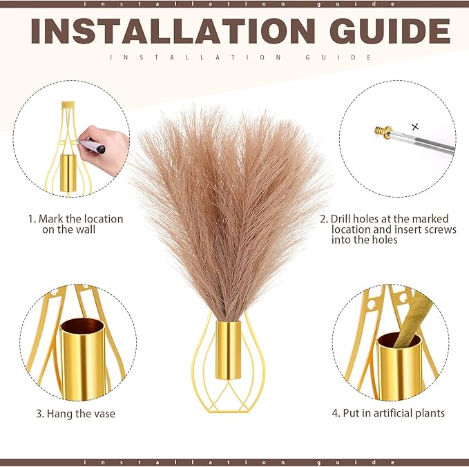 Otoolling 2 Pieces Hanging Plant Wall Decor with Artificial Pampas Grass Metal Hanging Vase Modern Geometric Farmhouse Bohemian Wall Art for Living Room Bedroom Kitchen Office(Gold, Light Brown)