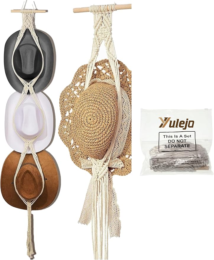 Yulejo Macrame Hat Hangers Boho Hat Rack for Wall Western Cowboy Hanging Organizer for Door Wall Room Bedroom
