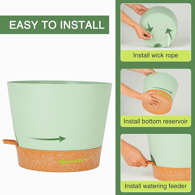 SwinDuck 12inch Large Self Watering Plant Pot, Plastic Cylinder Planter with 60Oz Deep Reservoir and Saucer for Indoor Outdoor Plants Flowers Houseplants, Green with Brown