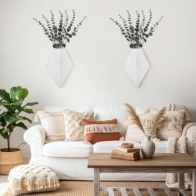 Chunful 2 Pcs Wooden Wall Planter Decor Hanging Faux Plants Greenery Flowers Holder Vase Boxes for Wall Bohemian Farmhouse Room Kitchen Office Indoor Decoration(Retro White,9.8 x 6.6 x 1.2 Inches)