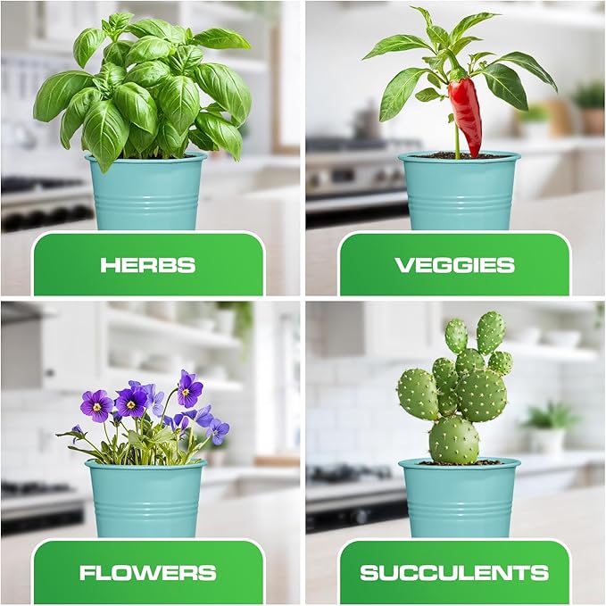Plexon Herb Planter Indoor Garden Set of 3 with Tray, Metal Herb Pots for Indoor Plants, Round Kitchen Garden Kit Ideal for Windowsill Planter or Countertop, Aqua Mist Blue Powder Coated