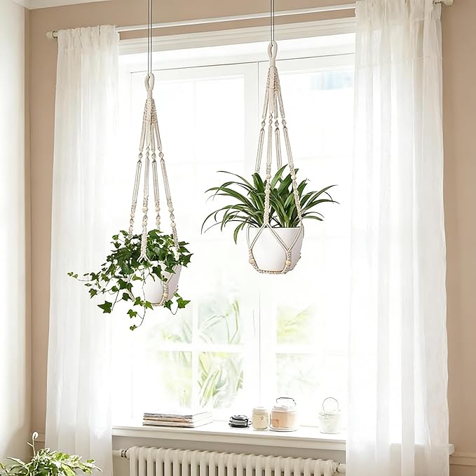 Macrame Plant Hanger for 4-12 Inch Pot Indoor Crochet Hanging Plant Holder Outdoor Boho Home Decor Basket wall Window Rope White Large Long (Ivory)