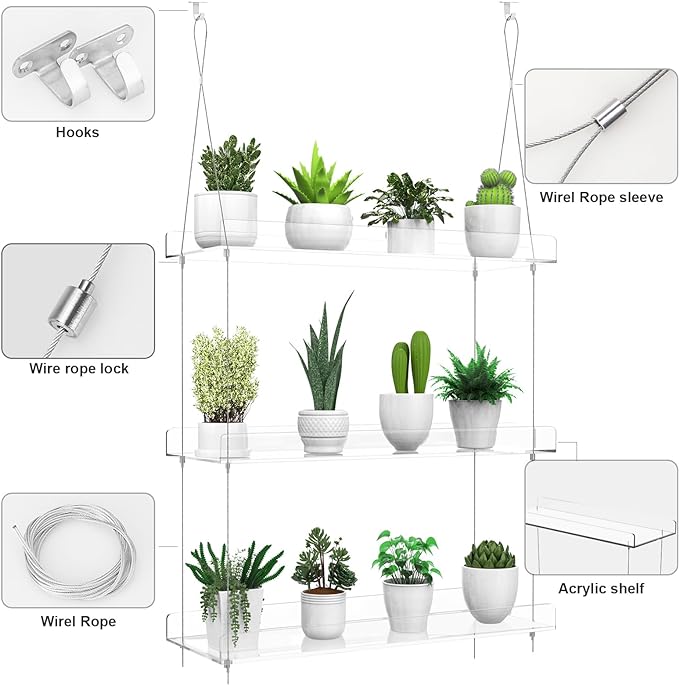 3-Tier Hanging Clear Plant Shelves for Windows, Acrylic Window Wall Plant Stand Shelf for Kitchen Indoor Gardens, Flower, Herb, Seedling Organization, and Pots Display, 16 Inch per Tier | for Windows, Window Wall, for Kitchen, Indoor Gardens, Flower, S...
