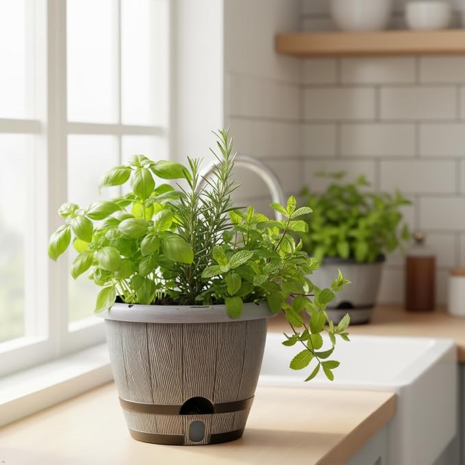 Sun-E Whiskey Barrel Self Watering Planters 10 Inch 3Pack with Water Level Window, Drainage Holes, Saucers & Plant Tags-Gray Imitation Wood Grain Pots for House Plants,Plants&Decor Not Included