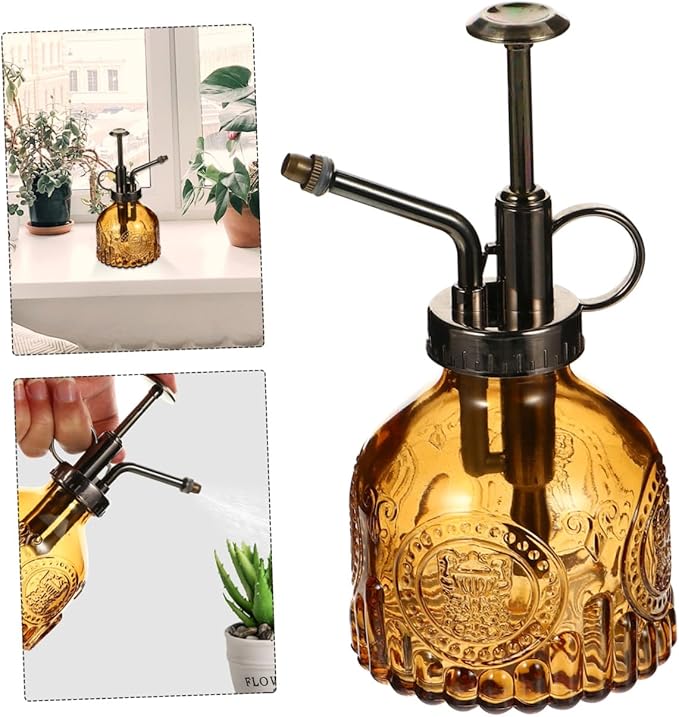 GALPADA Retro Embossed Glass Water Spray Can Manual Pump Misting Bottle for Houseplants Garden and Florals Lightweight Refillable and Portable Spray for Enhanced Plant Humidity Light Brown