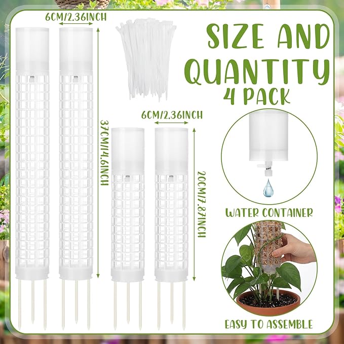 4 Pack Self-Watering Plastic Moss Stake for Monstera Plant Support Multi-Size Stackable and Refillable Plastic Moss Stakes for Climbing Plants with Large Mesh Design