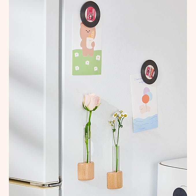 Magnetic Wooden Wall Planter Vase with Plastic Tube, Solid Wood Refrigerator Magnet (Wooden/Plastic)