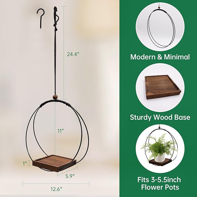 hismocal 2 Pack Hanging Planter for Indoor Plants, Black Plant Hanger with Sturdy Wood Base, Modern Boho Macrame Hanger, Wall Ceiling Window Planter (Plants/Pots Not Included)