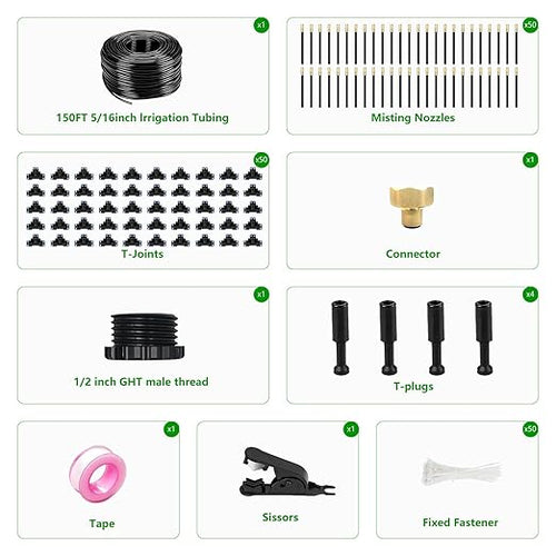 150FT Drip Irrigation System for Garden – Automatic Watering Kit with Solid Brass Metal Connectors, 360° Bendable Tubing &50 Adjustable Nozzles for Greenhouse, Lawn, Yard & Plants