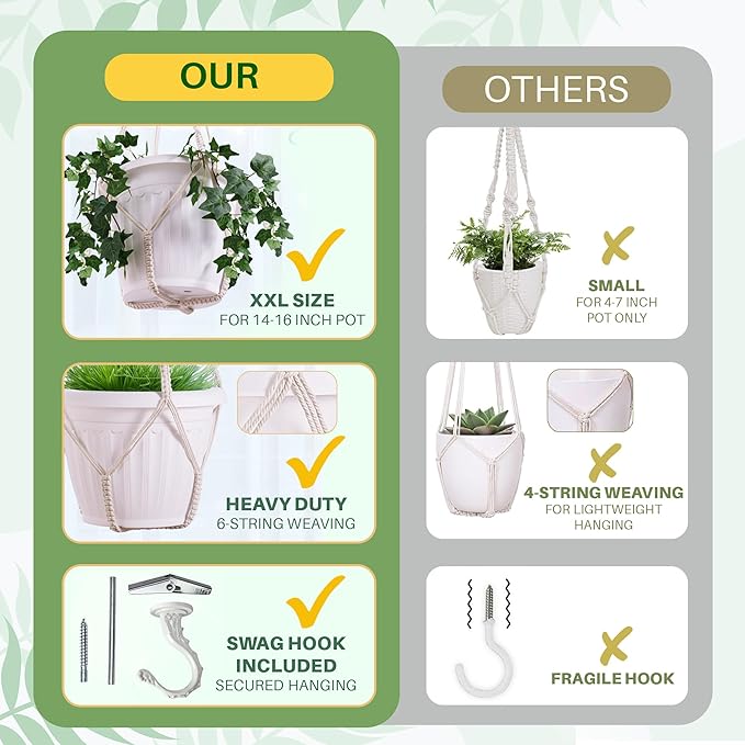 Giant XXL 55 Inches Macrame Planter Hanger Large for 15 inch Pot + Swag Hook | Extra Large Hanging Planter for Indoor Plants | No Pot/Plant Included (XXL Jute)