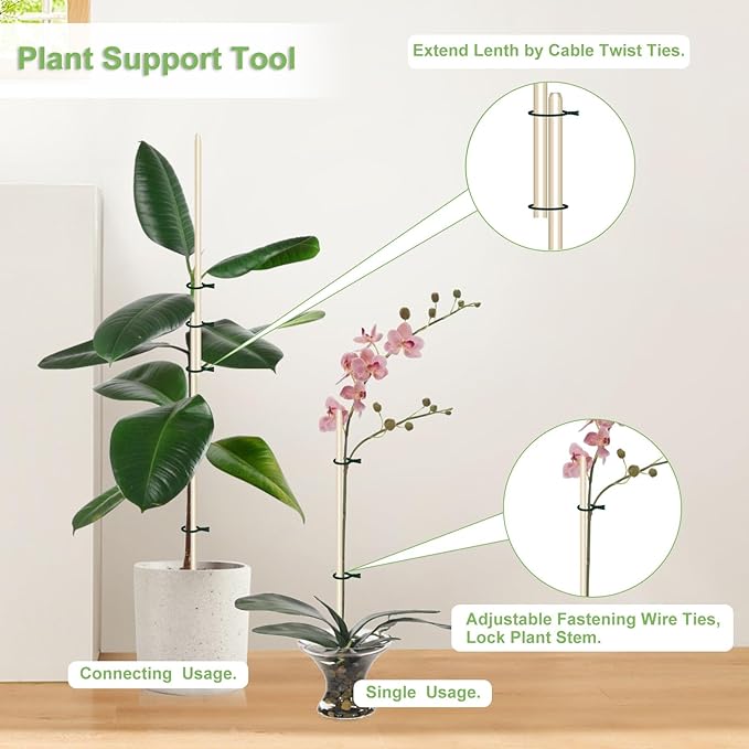 46 PCS Bamboo Plant Stakes 18 Inch, Wood Plant Support for Gardening for Potted Floral Plant, Indoor Wooden Sign Posting Garden Stick, Crafts Sticks with 46 PCS Wires(4")