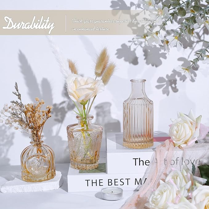 TBWIND Glass Bud Vase Set of 24, Small Amber Flower Vases for Centerpieces in Bulk, Mini Vintage Vase for Wedding Decor, and Home Table Décor