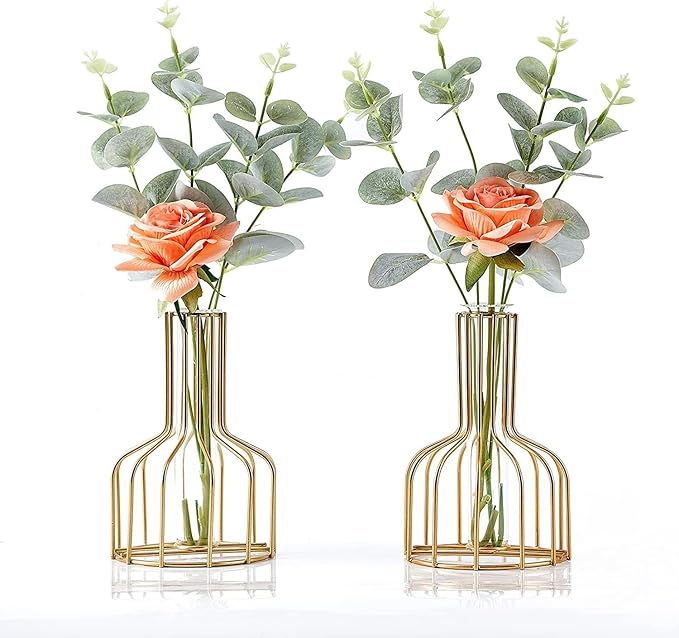 Ivymei 2 Pack Table Flower Vase,Gold Geometric Metal Frame Clear Glass Tube Bud Vase Hydroponic Plants,Gold Vase Decorative for Flower,Weddings,Centerpiece,Party,Home(Gold 8)