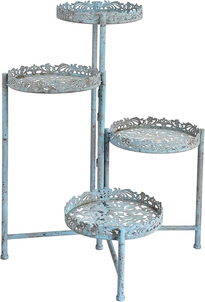 4 Tier Vintage Corner Plant Stand for Indoor Outdoor Distressed Metal Flower Pot Holder Shelves with Ornate Cutout Edges Multi-Level Planter Rack Display Corner Shelf Antique Foldable Tall Plant Shelf for Patio Porch Garden Balcony Living Room (Blue)