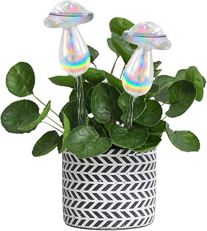 Rainbow Plant Watering Globes, Rainbow Gradient Color Plant Watering Bulb Devices,Mushroom Self Watering Spikes Iridescent, Pack of 4