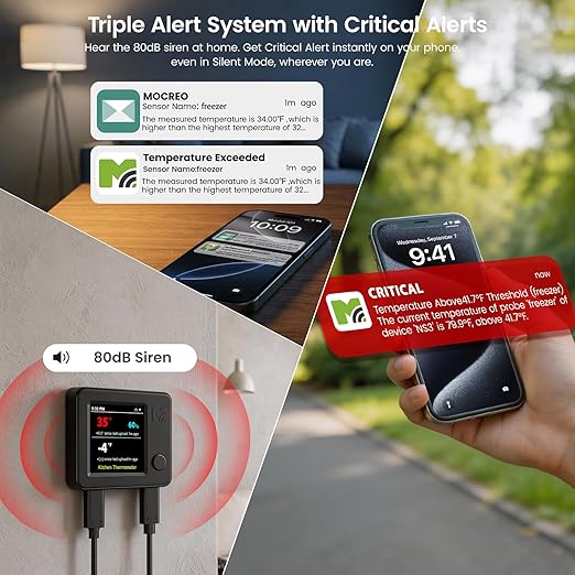 MOCREO WiFi Refrigerator Thermometer with Freezer Alarm, Dual Probes Digital Temperature Sensor with App & Email Alert, 2 Years Free Data Export, for Fridge, Kitchen
