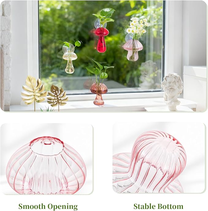 Glasseam Window Propagation Stations, 4Pcs Colored Mushroom Propagation Vases with Suckion Cups, Glass Wall Hanging Planter Terrariums for Flowers, Cute Indoor Small Plant Holder Gifts for Women